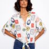 Printed Linen Blend Front-Tie Blouse - Postcard