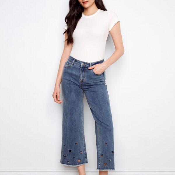 Heart Cutout Wide Leg Jeans - Medium Blue