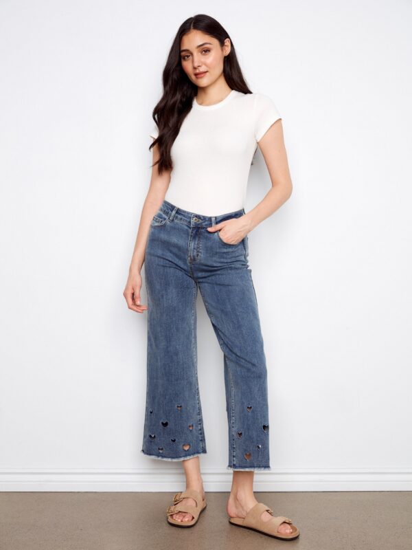 Heart Cutout Wide Leg Jeans - Medium Blue