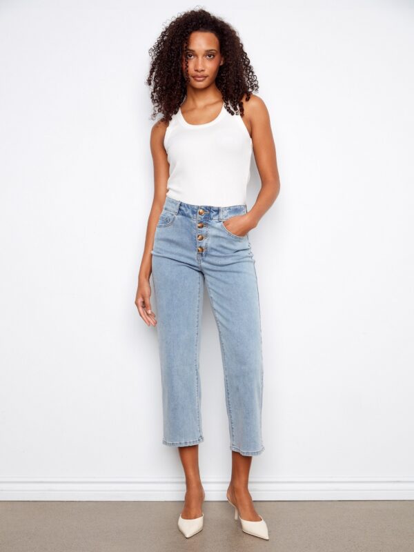 Front Button-Fly Crop Jeans - Light Blue
