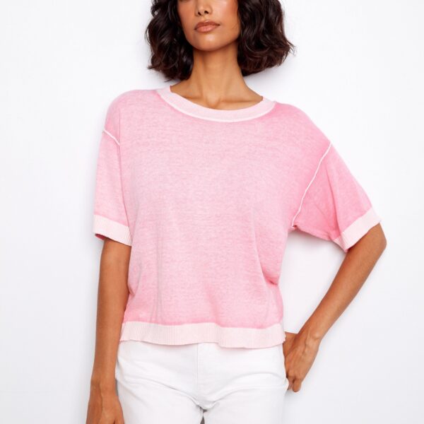 Short Sleeve Reverse Print Sweater - Candy