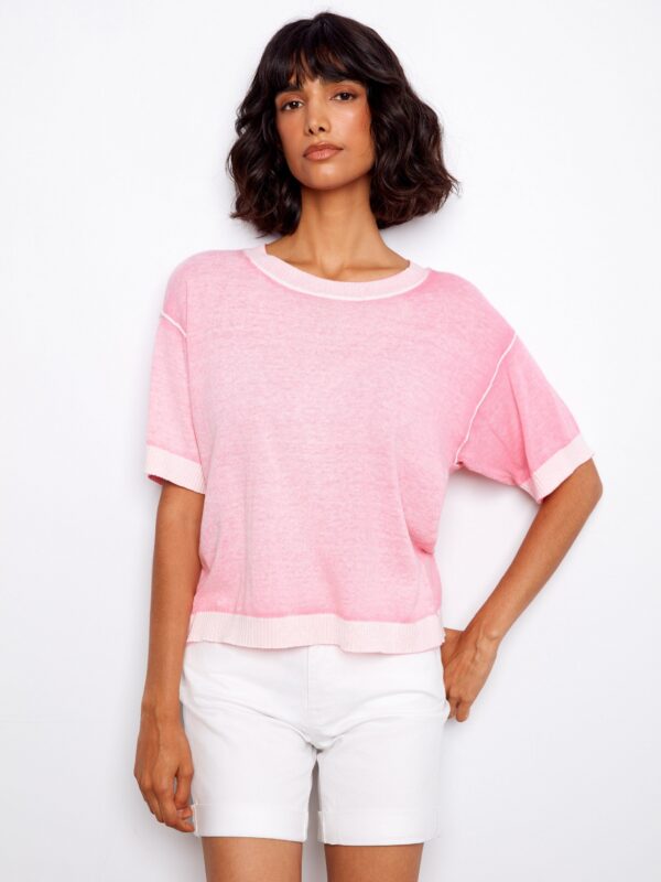 Short Sleeve Reverse Print Sweater - Candy