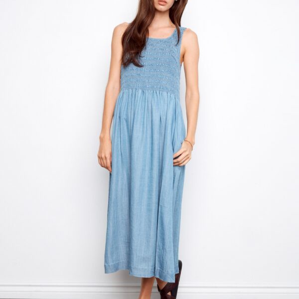 9097126c3e72d092f638f8f60a5c1878.jpg Tencel Sleeveless Smocked Maxi Dress - Soft Blue