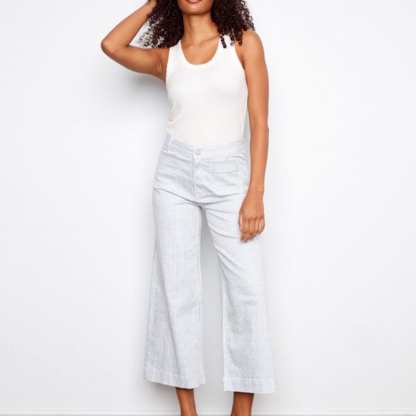 Striped Cropped Patch Pocket Flare Twill Pants - Lines