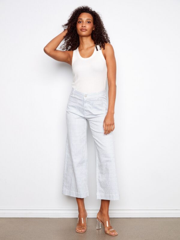 Striped Cropped Patch Pocket Flare Twill Pants - Lines