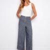Stretch Linen Wide Leg Button-Front Pants - Indigo