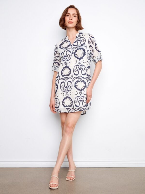 Printed Cotton Blend Henley Shirt Dress - Ornament