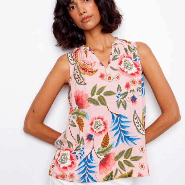 Printed Sleeveless Ruffle Neck Top - Gardenia