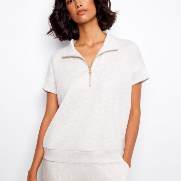 Soft Scuba Short Sleeve Half-Zip Top - Heather Light Grey