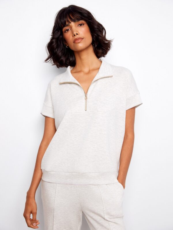 Soft Scuba Short Sleeve Half-Zip Top - Heather Light Grey