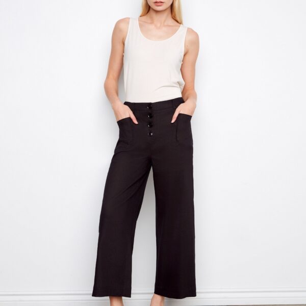 Stretch Linen Wide Leg Button-Front Pants - Black
