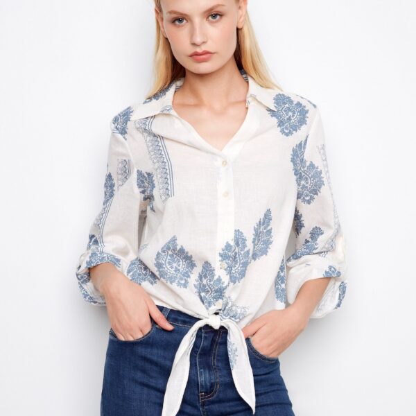 Printed Linen Blend Button-Up Blouse - Jean
