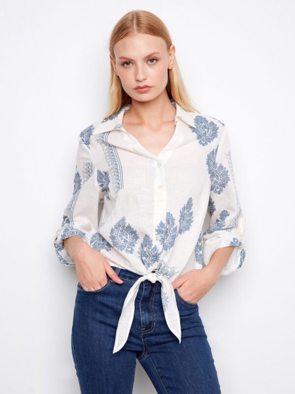 Printed Linen Blend Button-Up Blouse - Jean