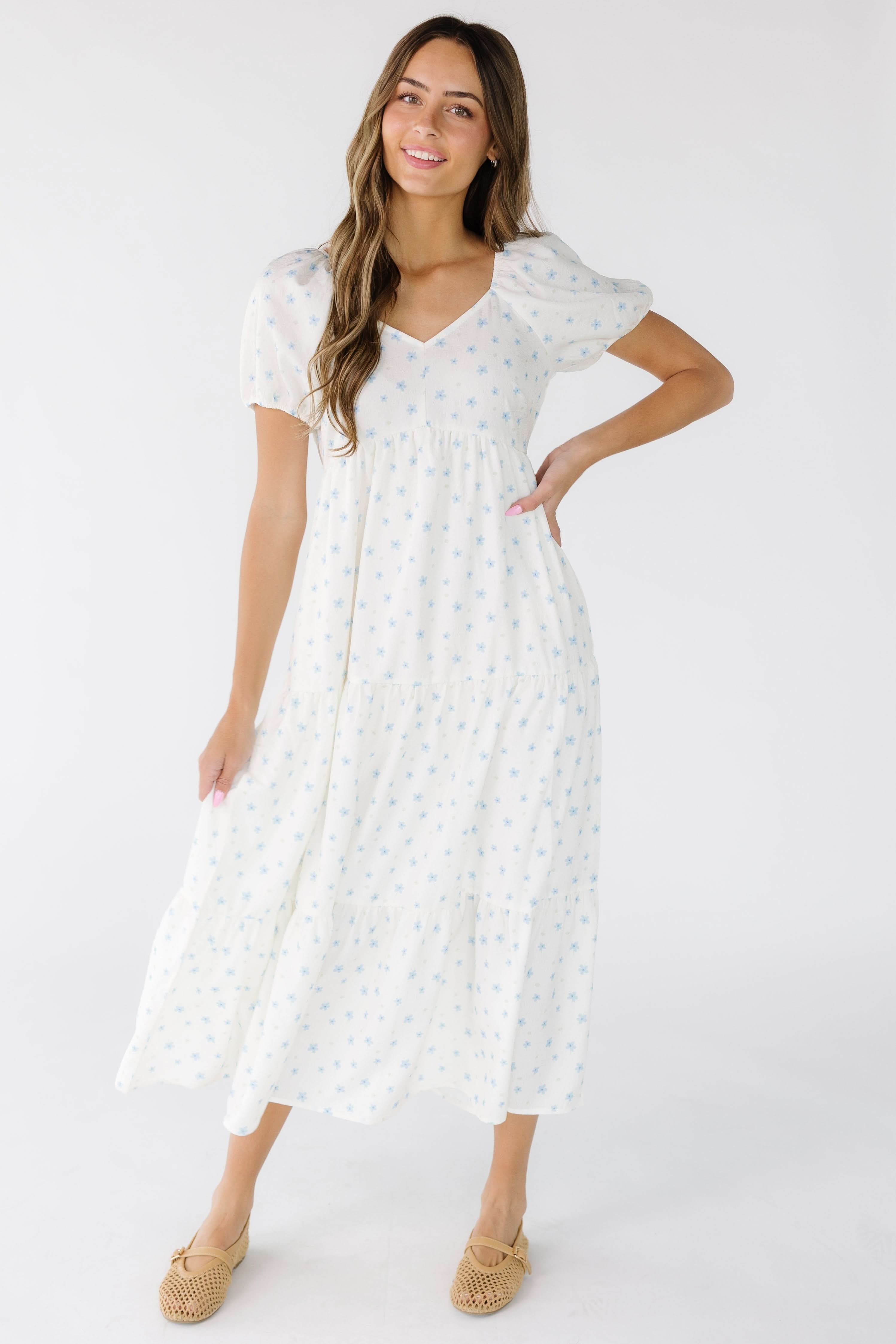 Brass_RoeAmairaMidiDressinwihitewithbluefloralprintforwomenandteens.jpg Brass & Roe The Amaira Midi Dress - White