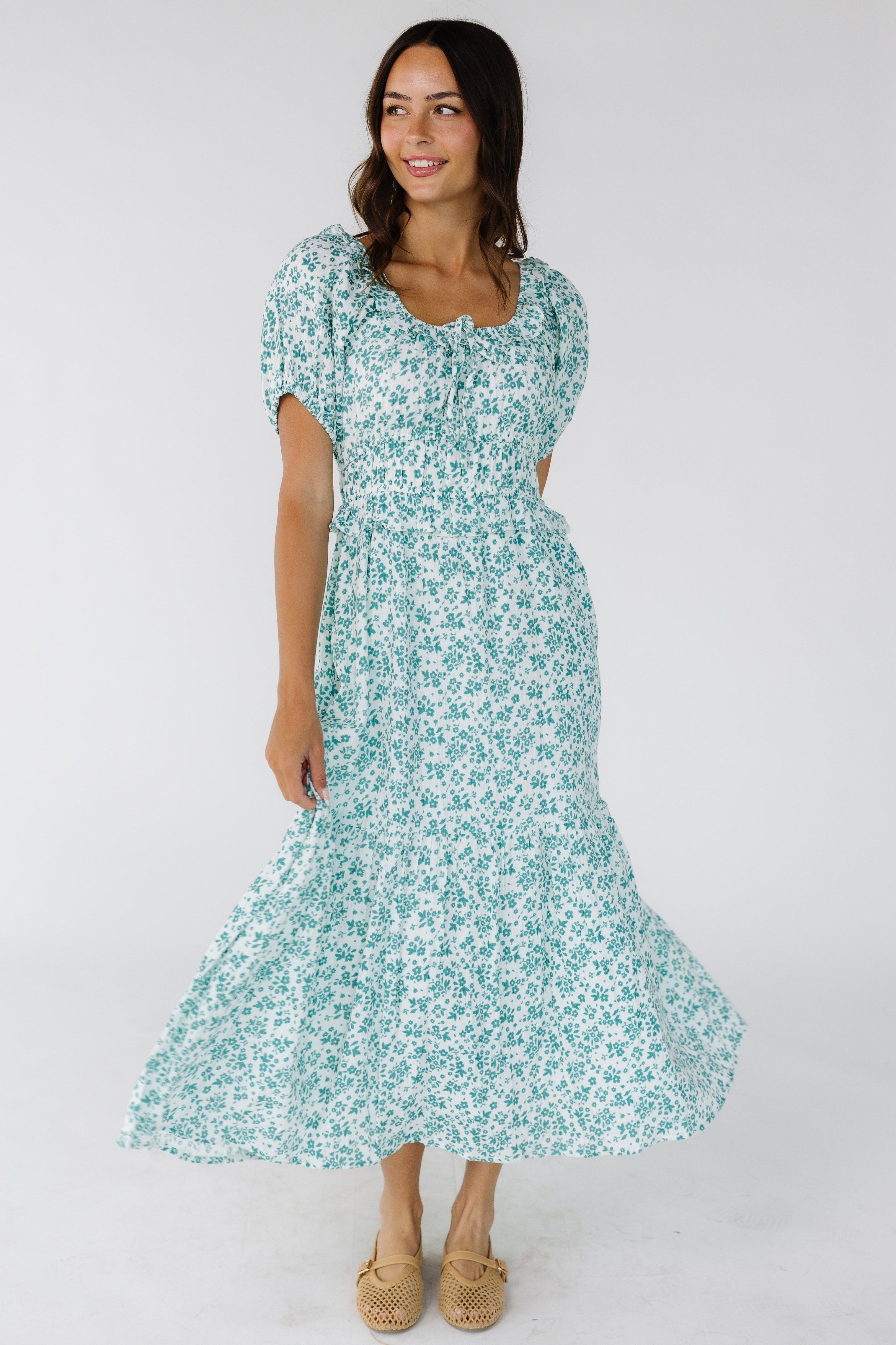 Citrus_Jena_dress_in_a_white_and_teal_floral_print_for_women_and_teenage_girls.jpg Citrus Jena Print Dress