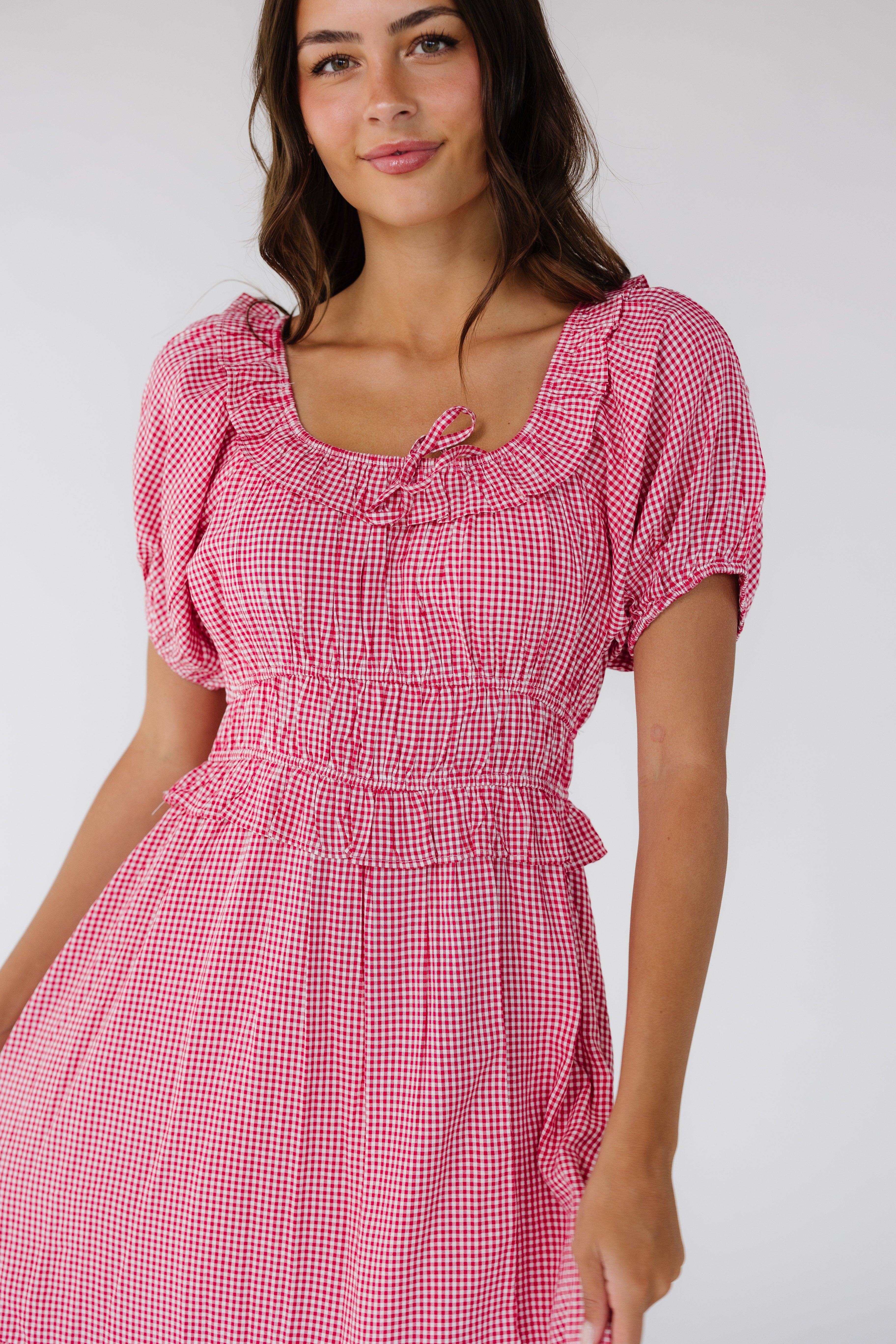 Closeviewofawomanwearingared_whiteginghammidi-maxidresswithawideruffledempirewasit_scoopnecklineandshortpuffsleeves.jpg Citrus Jena Print Dress