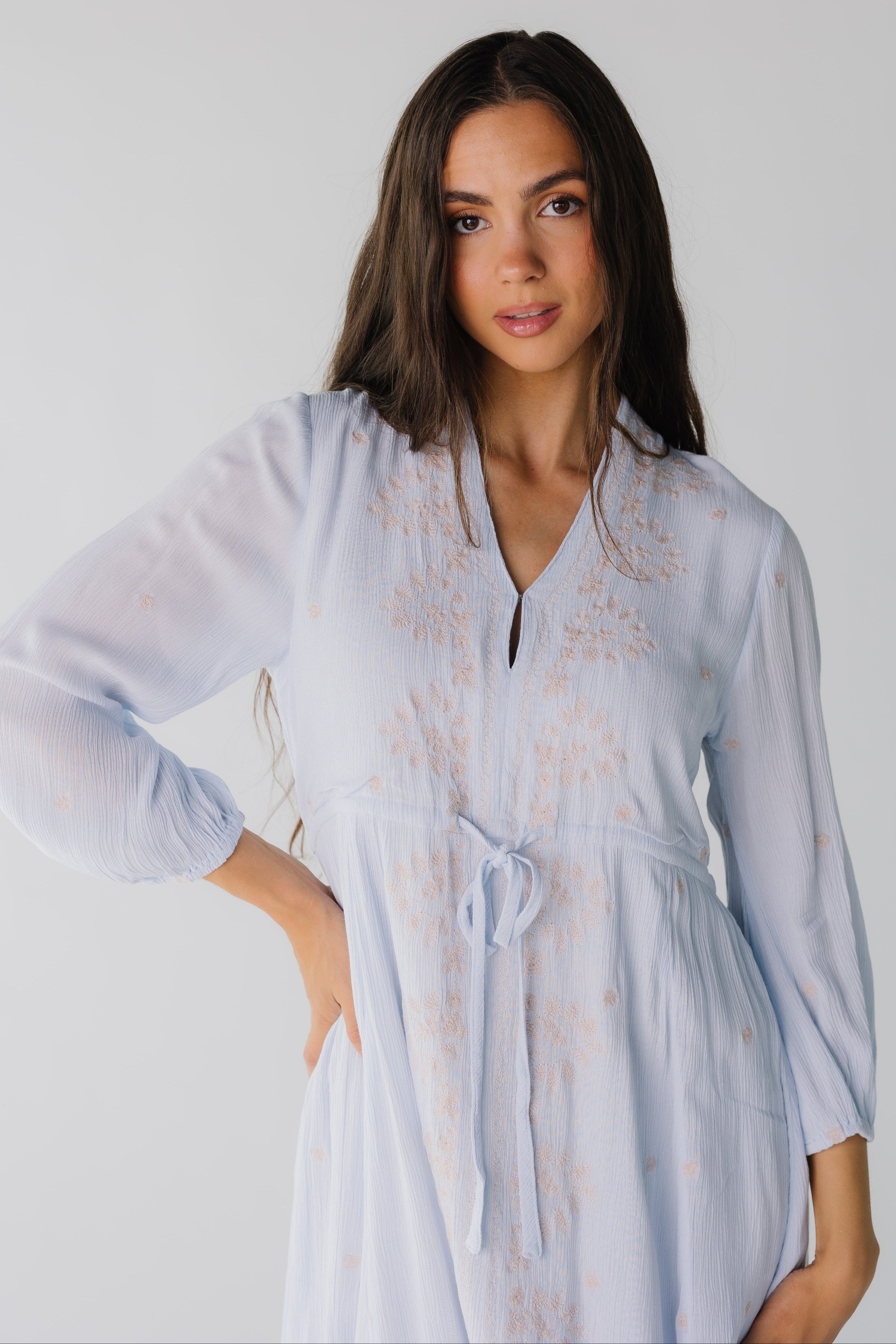 Closeviewoflightbluemidiwithembroideryanddrawstringunderbustline.jpg Citrus Dori Embroidered Dress