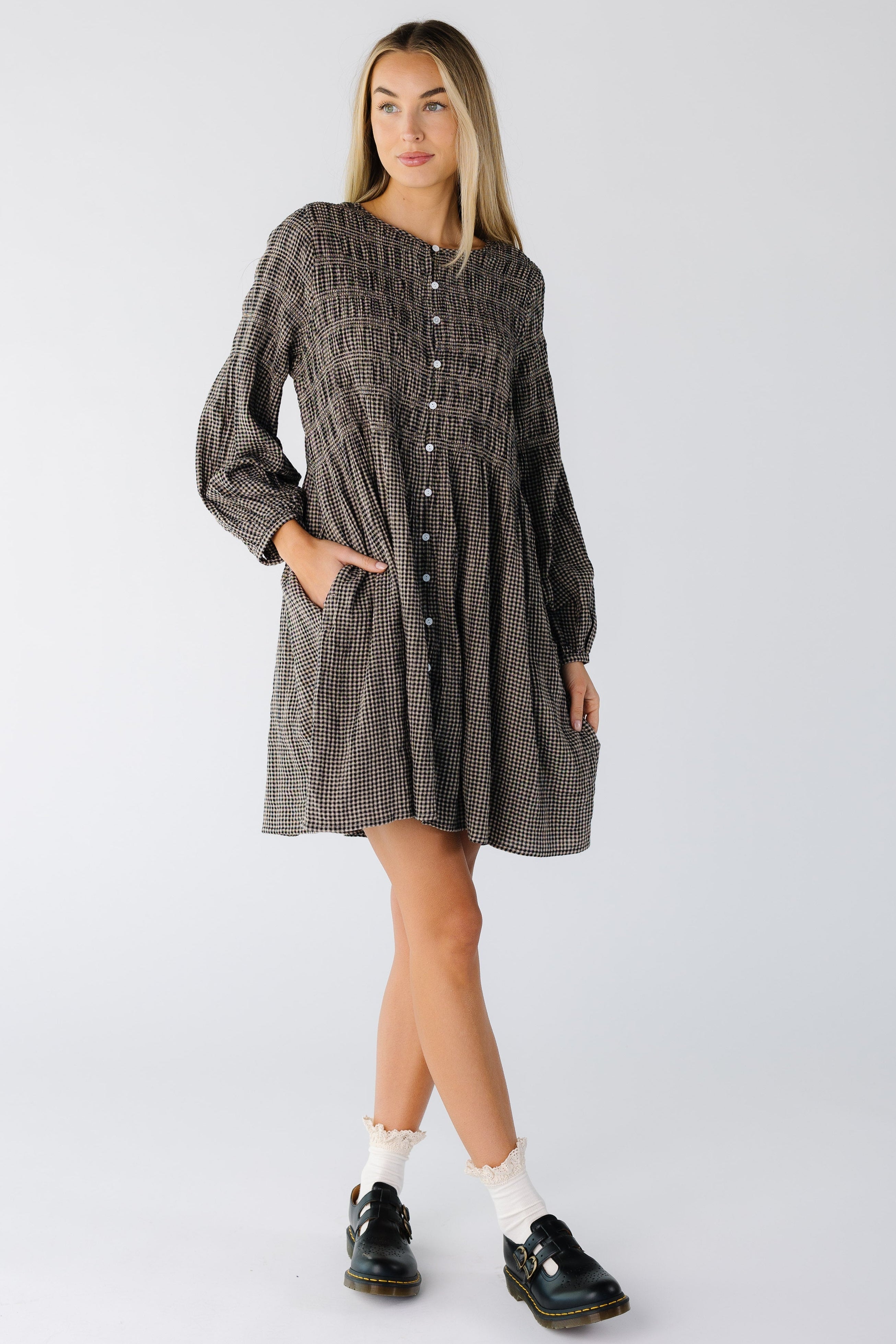 MiaSmockedKneeDressforwomenandteensinblackandtangingham_fcd805be-eb3e-45b1-9066-9056fcfd8019.jpg Brass & Roe Mia Smocked Knee Dress
