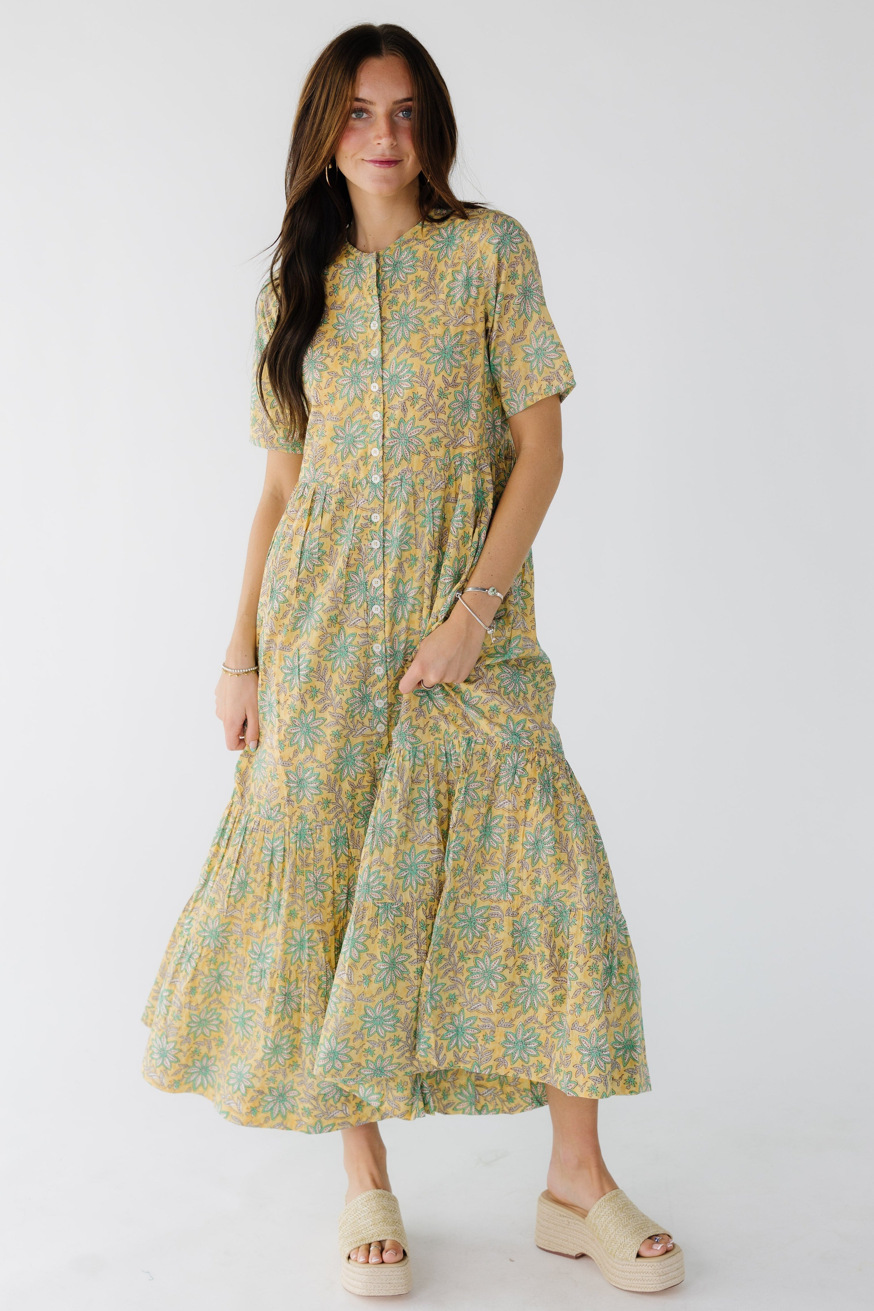 Youngwomanwearingamodest_buttondownyellowfloralprintmidi-maxidresswithshortsleevesandaroundneckline.jpg Citrus Loft Print Dress