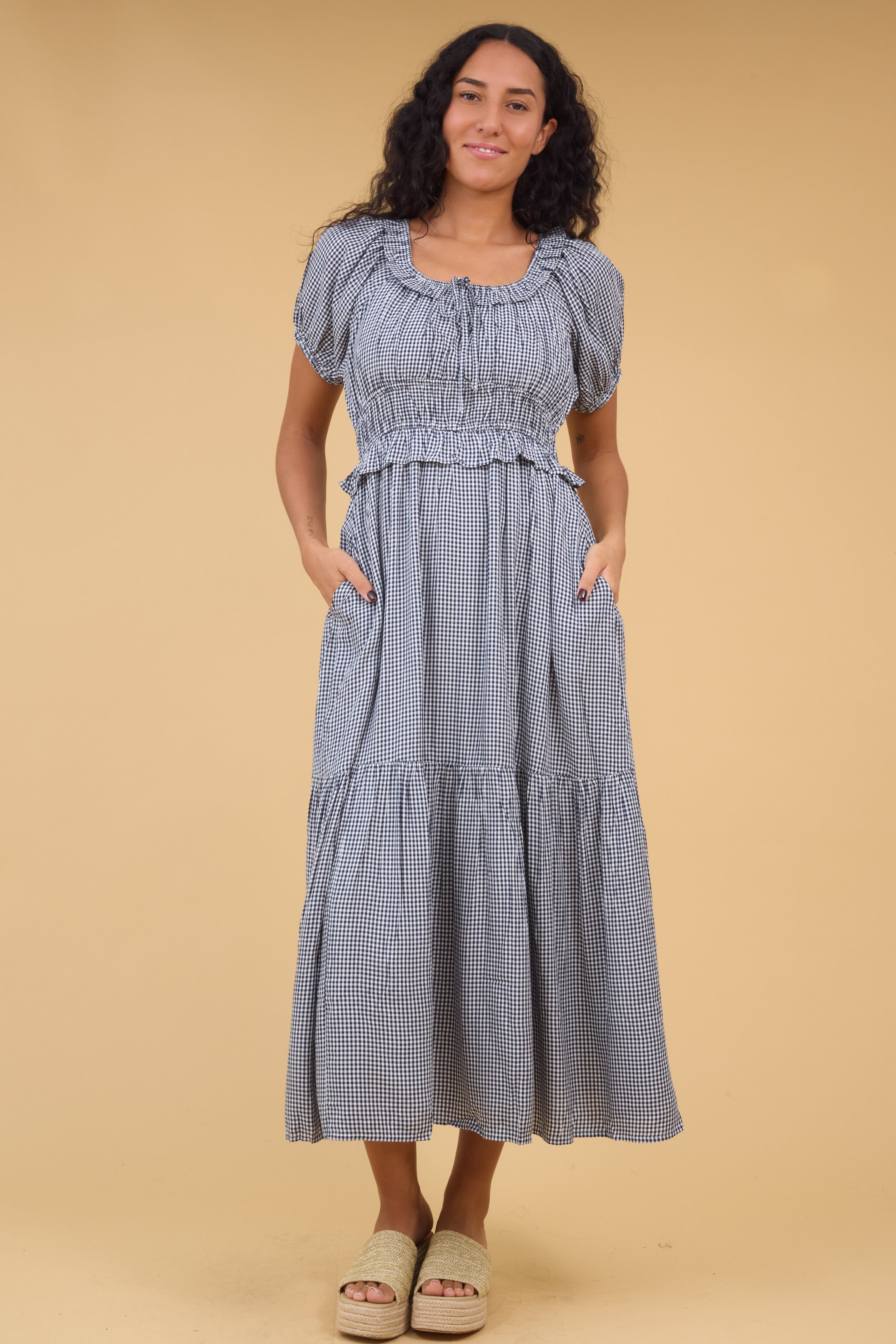 Youngwomanwearinganavy_whiteginghammididresswithascoopnecklineandwidewaistband.jpg Citrus Jena Dress
