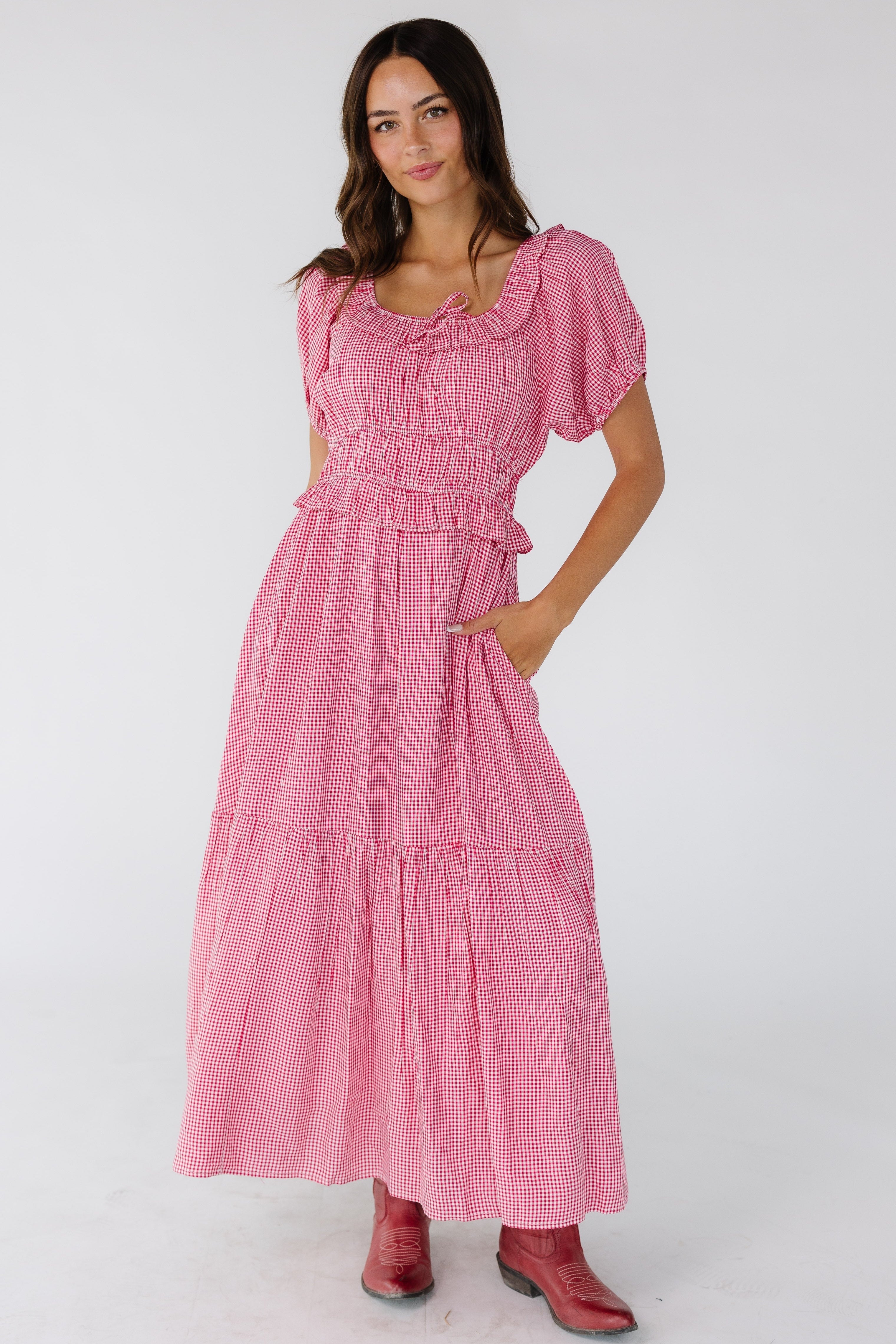 Youngwomanwearingared_whiteginghammidi-maxidresswithascoopneckline_wideempirewaistandshortpuffsleeves.jpg Citrus Jena Print Dress